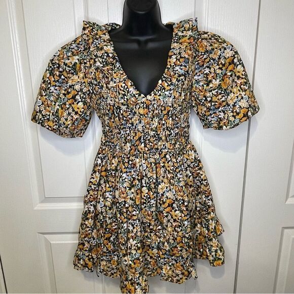 NWT ENGLISH FACTORY Plunge Smocked Cotton Floral Mini Dress Yellow Black Blue XS - Picture 2 of 16